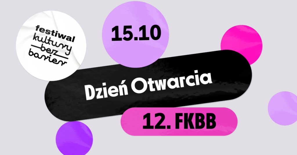 Jasnoszare tło. Naklejki w różnych kolorach. Na nich napisy - 15 października, Dzień Otwarcia 12. FKBB