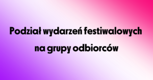 Baner strony. Różowo-biało-fioletowe tło. Napis: Podział wydarzeń festiwalowych na grupy odbiorców