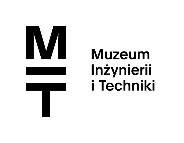 Po lewej stronie czarne litery M (pionowe) I (poziome pod nią) a pod nią litera T. Po prawej stronie czarny napis Muzeum Inżynierii i Techniki. Całe tło jest białe.