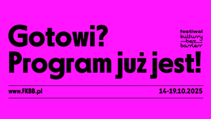 Jaskrawy różowy baner. Napis: Gotowi? Program już jest!