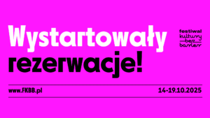 Jaskrawe różowe tło. Biało-czarny napis: wystartowały rezerwacje.