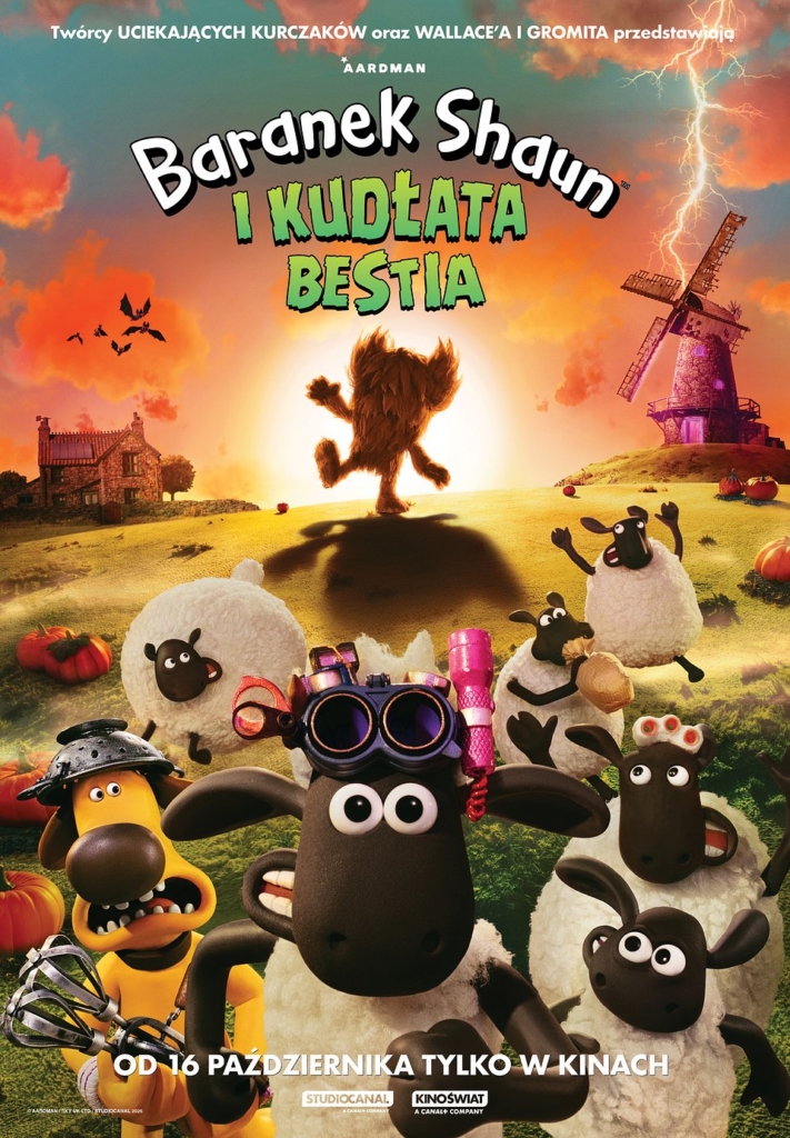 Plakat z filmu „Baranek Shaun i kudłata bestia” w Kinie Zacisze. Data 16 października 2026 roku o godz. 15:30, 80 min, dubbing. Na plakacie widoczny jest Baranek Shaun oraz pozostałe owce na tle wiejskiego krajobrazu.