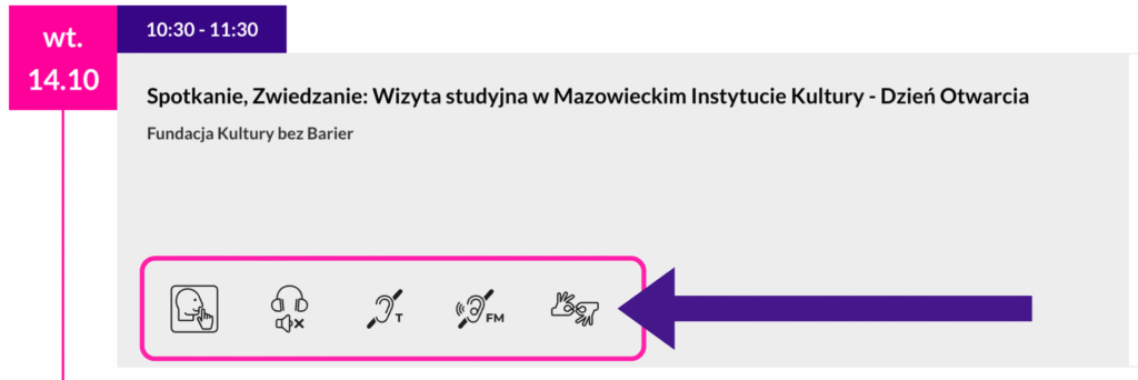 Zrzut ekranu z programu festiwalu. Przy wizytówce wydarzenia zakreślone piktogramy opisujące dostępność.