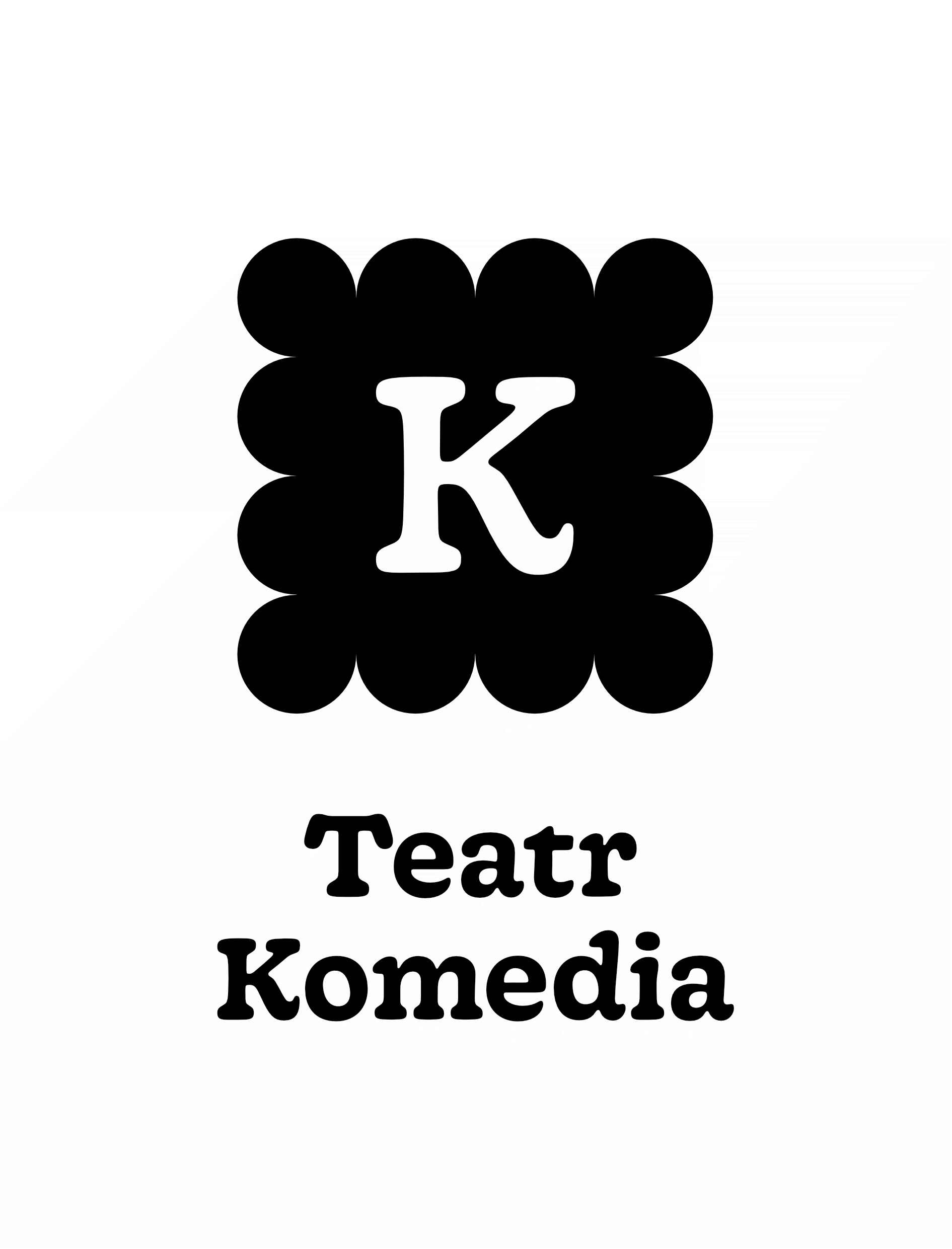 Czarny herbatnik z wpisaną w kształt białą literą K. Poniżej grafiki nazwa instytucji - Teatr Komedia.