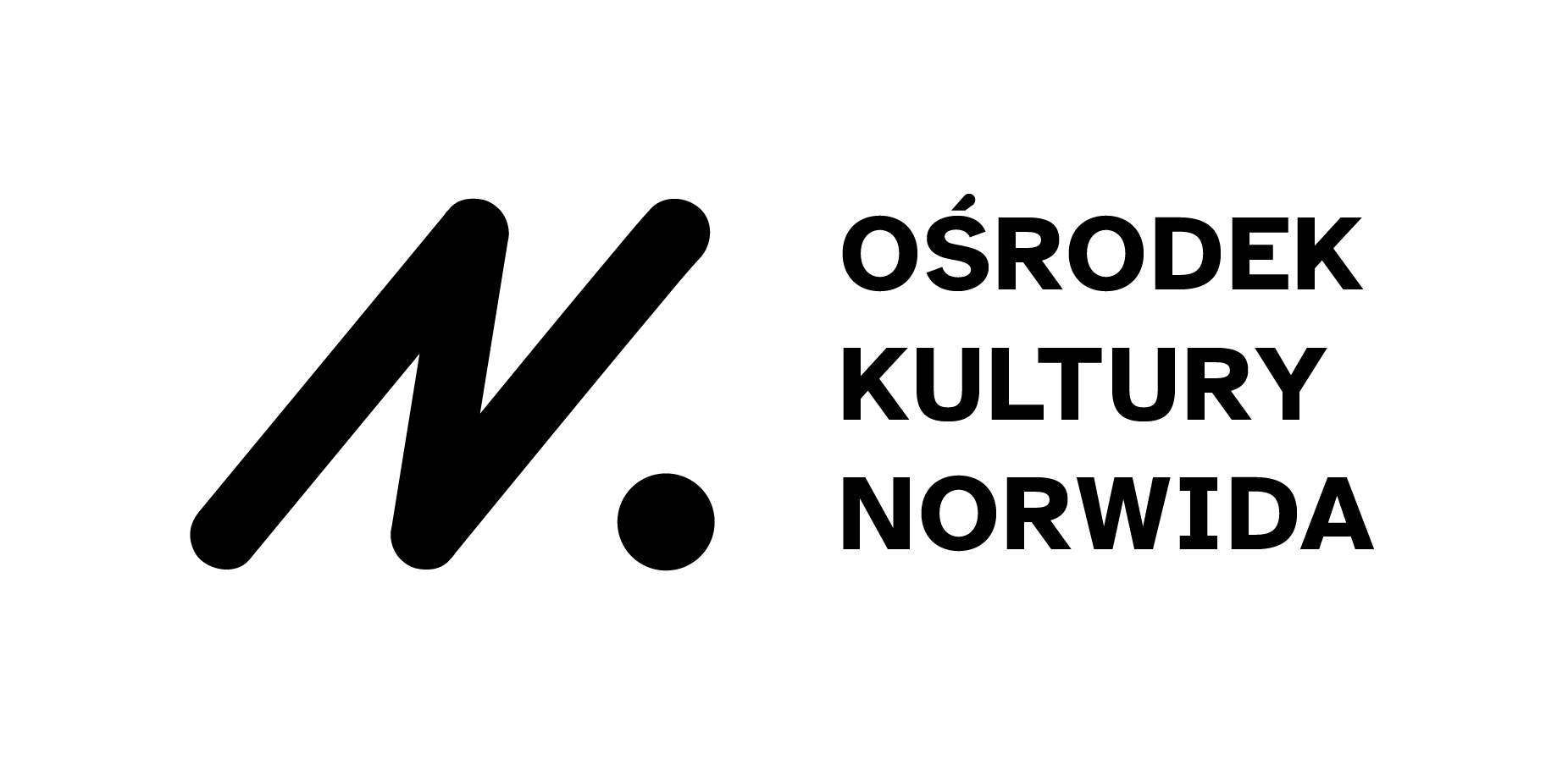 Logotyp Ośrodka Kultury Norwida. Czarne litery na białym tle. Duża litera N, na prawo od niej napis Ośrodek Kultury Norwida.