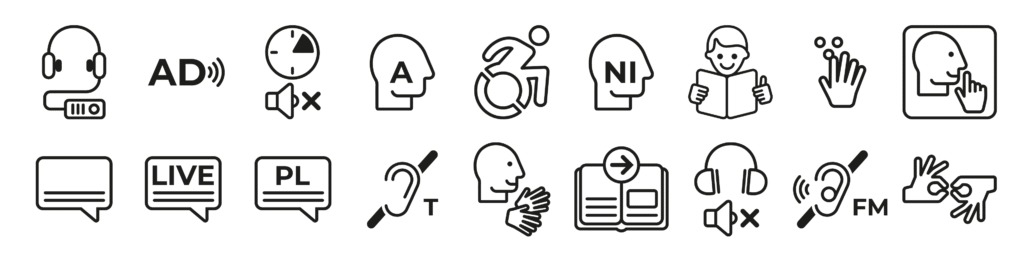 Piktogramy rozwiązań dostępności. Wszystkie opisane poniżej.