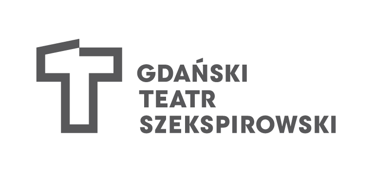 logotyp Gdańskiego Teatru Szekspirowskiego przedstawia zarys budynku widziany z góry w kształcie obrysu przypominającym krzyż z uchyloną lewą górną krawędzią symbolizującą otwierany dach, który jest wyróżnikiem budynku. 